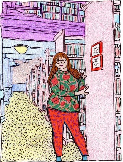 Drawing of Ellen standing next to library stacks. Ellen is depicted wearing red pants and a sweater with a red and green print.